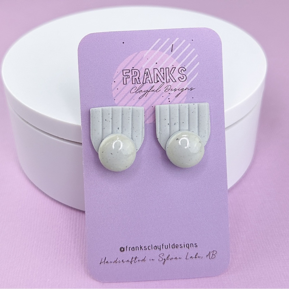 Grey Line Texture Design Handmade Polymer Clay Statement Stud Earrings